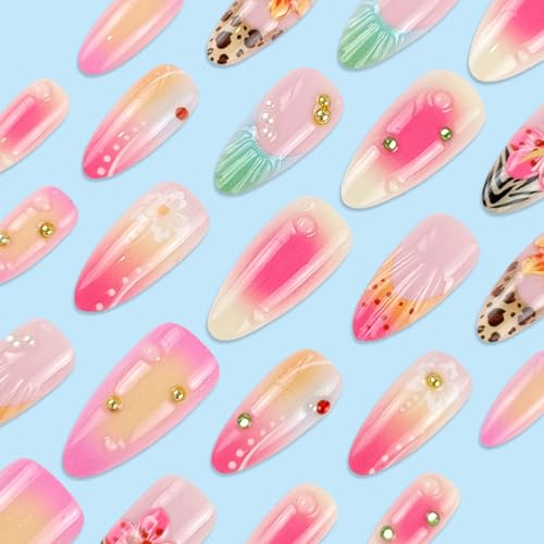 Summer Tropical Press On Nails Medium Almond, Colorful Fake Nails with Leopard Print and Floral Designs, Beach Shell Glossy Finish French Tip False Nails for Women 12Sizes-24 Nail Kit — view 2