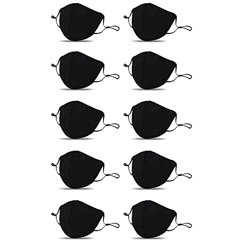 Black Face Mask Resuable and Washable with Nose Wire and Filter Pocket,2 Ply Adjustable Breathable Cloth Face Masks for Women and Men (Pack of 10)