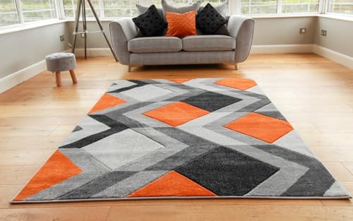 Image of New Small Large Orange Silver Grey Geometric Design Area Rugs Mats (80x150cm)