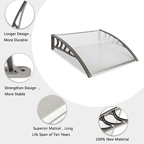 116 inch / 78 inch / 39 inch Window Awning Outdoor Polycarbonate Hollow Sheet Door Patio Canopy (Silver Canopy + Black Bracket, 40\'\'x 80\'\')