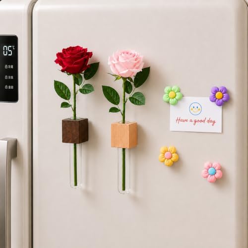 Magnetic Flower Vase for Fridge, Wood Magnetic Vase for Kitchen Decor