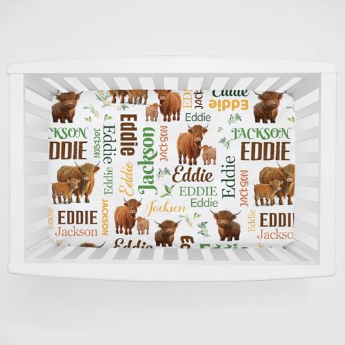 Personalized Pack and Play Sheets with Name, Custom Baby Mini Crib Sheets for Baby Boys Girls, Name Pack n Play, Fitted Sheet with Name, Soft and Breathable Material (High Land Cow)