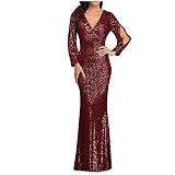 Sisifa Damen Abendkleid Langarm Paillette Kleid für Frauen Elegant Kleid Meerjungfrau Lange Ballkleid V-Ausschnitt Maxikleider Bodycon Kleid Glitzer Kleid Cocktailkleid