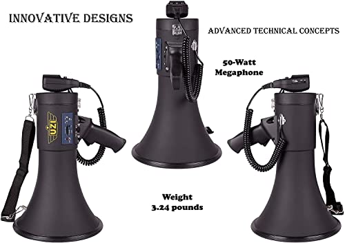 Uzi High Power Loud Big Bluetooth Megaphone 50W, Real Siren, Bullhorn, Rechargeable Battery, Portable Speaker, PA System, Adjustable Volume, Outdoor Activities, Coaching, Football, Baseball, Hockey