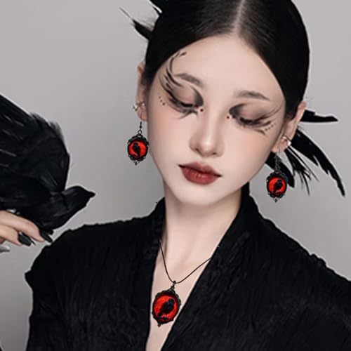 Halloween Jewelry for Women Halloween Necklace Earrings Set Vintage Gothic Raven Bat Witch Glass Cameo Earrings Punk Style Victoria Bat Witch Necklace Gothic Jewelry Accessories Gifts for Women2