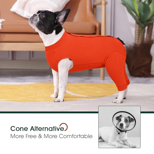 Image of Kuoser Dog Recovery Suit with Anti Licking Rear Leg Sleeve, Orange 3XL | Abdominal Dog Surgical Suit with Pants Cover Protect Wounds, Dogs Elbow Protector Soft Pet Surgery Onesie Cone Alternative