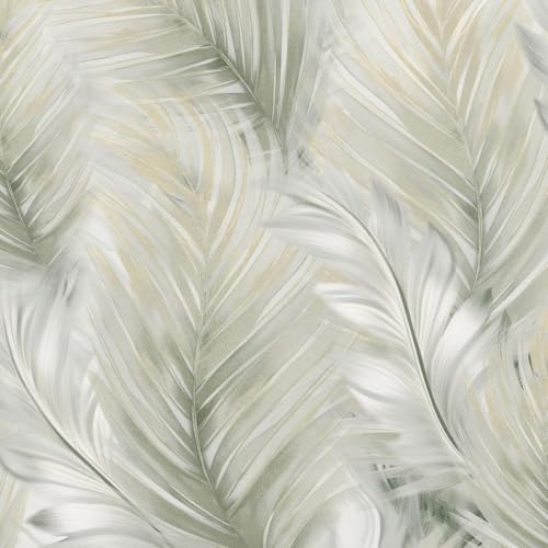 Image of Muriva Lipsy Feather Wallpaper, Shimmering, Sage Green, Gold (144502)