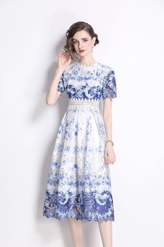 Image of LAI MENG FIVE CATS Women's Lace Floral Short Sleeve Crochet Waist Cocktail Midi Dress