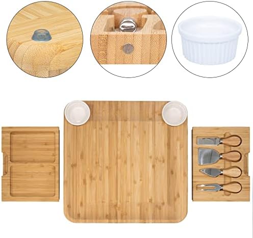 LaDonna Bamboo Cheese Board and Knife Set - Large Charcuterie Platter Board Includes 2 Ceramic Bowls, 4 Cheese Knives, Integrated Drawer, Serving Tray, Wedding Parties & Gift