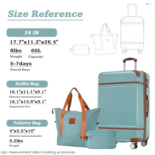 Merax Luggage Set,24 IN Hardside Suitcase with Duffel Bags,3 Piece Expandable Luggage with Spinner Wheels, Vintage Luggage with TSA Lock Lightweight,(Blue Green)2