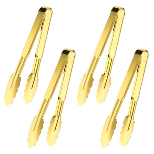 4 Pack Serving Tongs Gold Tongs, 9 Inch Serving Utensils Stainless Steel Serving Tongs for Salad Buffet Appetizer Dessert Tong for Buffet Wedding Party Catering