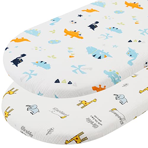 Muslin Bassinet Sheets 2 Pack Set For Baby Boy, 100% Muslin Cotton Fitted Sheet For Oval Hourglass And Rectangular Bassinet Mattress, Elephant Giraffe And Dinosaur #TOP11