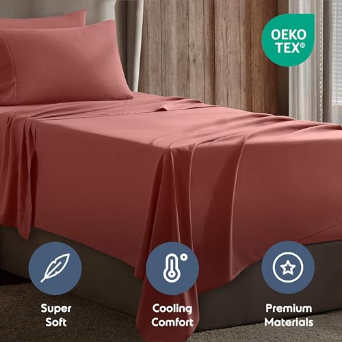 Image of Nestl Twin Bed Sheet Set - Pink Clay - 3-Piece Deep Pocket | Instantly Soft, Night-One Ready (No Wash Required). Fits 16-Inch Deep Pockets, 360-Degree Elastic Grip