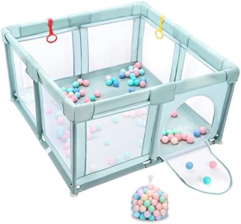 Baby Playpen, Playpen for Babies and Toddlers Indoor & Outdoor Kids Activity Center with 50 Ocean Balls Small Baby Playard Breathable Mesh Kids Safety Play Area, 47in x 47in (Green)