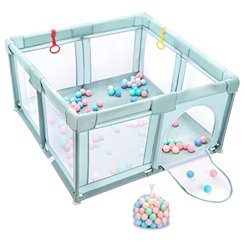 Baby Playpen, Playpen For Babies And Toddlers Indoor & Outdoor Kids Activity Center With 50 Ocean Balls Small Baby Playard Breathable Mesh Kids Safety Play Area, 47In X 47In (Green) #TOP1