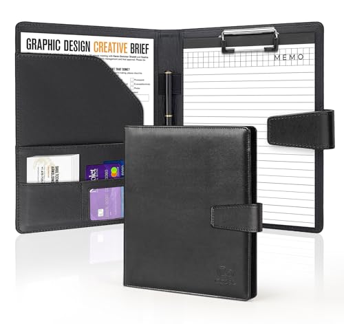 NOTEZMATE Clipboard Folder DIN A5 Conference Folder,Leather Foldover Clipboard with Magnetic Closure,Black Portfolio Organiser with Pocket Document Resume File,Card Holder,Clipboard,Memo Writing Pad