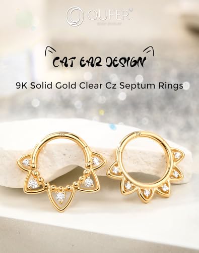 OUFER Gold Daith Piercing Jewelry, 9K Solid Gold Daith Hoop Earring, 16G Clear CZ Design Daith Earrings, Helix Cartilage Septum Piercing Jewelry3