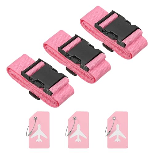 Image of PATIKIL Luggage Strap with Luggage Tag and Loop 78 inchx2 inch, 3 Set Adjustable Suitcase Belt for Travel Packing Bag Closure Identify, Pink