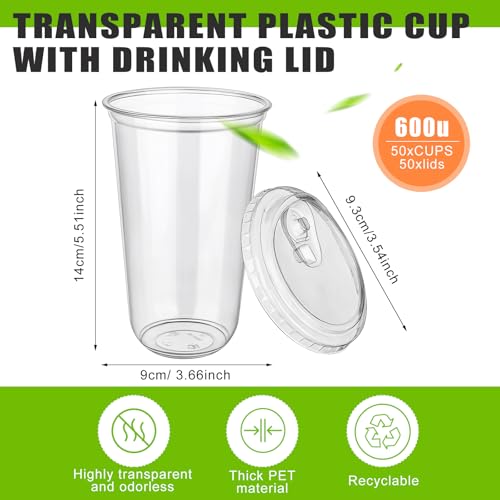 50 Sets Disposable Stemless Glasses With Strawless Sip Lids,PET Drinking Cups,Clear Plastic Coffee Cups for Iced Coffee, Smoothie, Cold Beverage, Drink Shop and Christmas Party Supply (Clear, 20 oz)