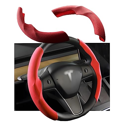 YJMOTOR for 2017-2025 Tesla Model Y/Juniper Steering Wheel Cover Decorative,Fit Model 3/Highland Suede Steering Wheel Cover Protection Interior Auto Non Slip Grip Function Accessories(Red) by YJMOTOR - Used condition - US$16.14