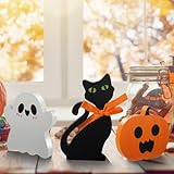 Gudoread 3 Pcs Halloween Decorations Indoor, Cute Ghost Halloween Decor Table Signs, Black Cat, Pumpkin Sign, Wooden Tiered Tray Decor for Party Home Office Desk