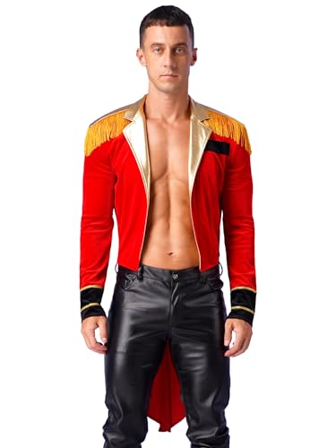 renvena Men's Circus Ringmaster Tailcoat Jacket Circus Ring Leader Outfits Tassels Velvet Long Coat Red S