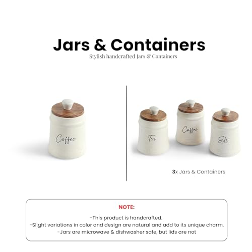 Image of ExclusiveLane 'Daily Rituals' Airtight Ceramic Jars For Kitchen Storage With Wooden Lid Ceramic Containers For Pickle Cookies Sugar Dry Fruits (Set of 3, Airtight, 300 ML, Hand-Embossed, 13.5 Cm)