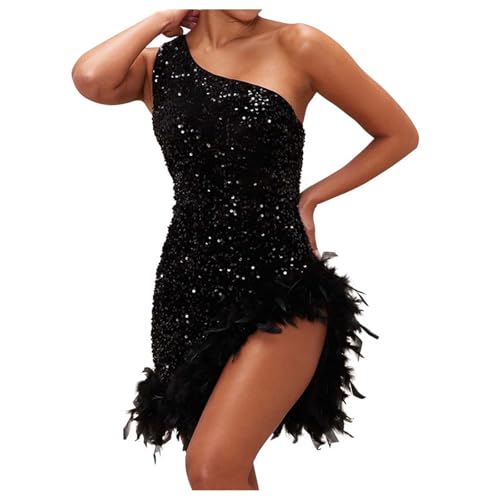 Generisch Vestido de noche para mujer, con un solo hombro y plumas de lentejuelas y ranura, vestido de fiesta, vestido de fiesta para mujer, brillante, elegante, Negro , XXL