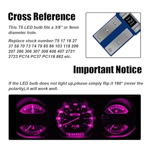 Image of GLSOWEE T5 LED Bulbs, 74 73 37 2721 LED Bulb 12 Volt Replacement, Bright Canbus Error Free, Compatible with Auto Car Gauge Cluster Dashboard Light Lamp Instrument Panel Indicator (Pink&Purple)