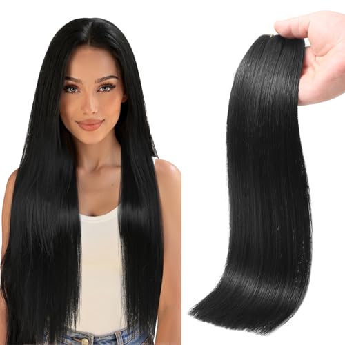 Butterfly Weft Human Hair Extensions Natural Black Real Human Hair 16 Inch Genius Double Weft Human Hair 100G Extensions Glueless and Seamless for Thin hair