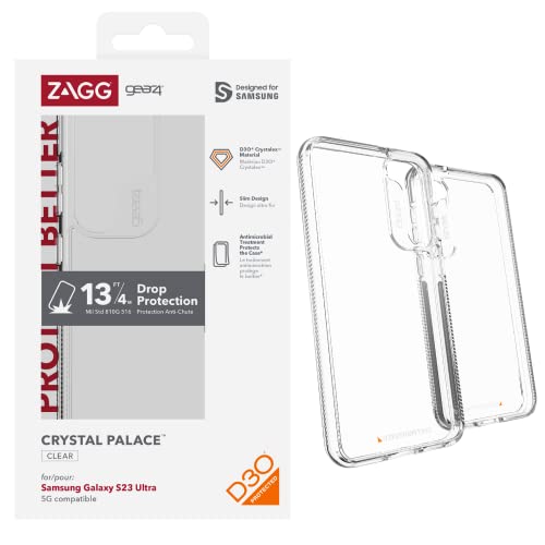 ZAGG Gear4 Crystal Palace D30 Coque de Protection pour Samsung Galaxy S23 Ultra 6,8", Fine, résistante aux Chocs, Recharge sans Fil, Protection avancée Contre Les Chocs, Prise en Main Solide, légère