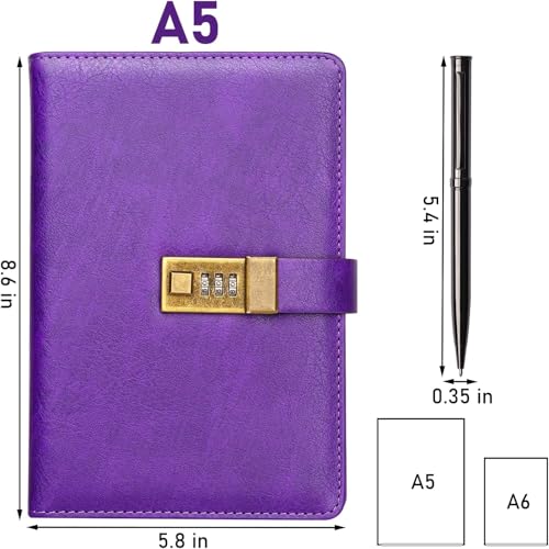 Image of Diary with Lock, A5 PU Leather Journal with lock, 240 Pages, Vintage Lock Journal with Pen & Gift Box, Lockable Diary for Women and Men, 8.6 x 5.8 Inches (Perple)