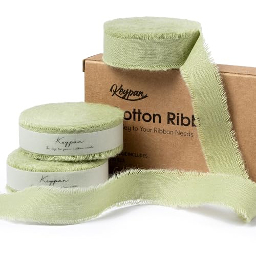 Keypan Geschenkband & Schleifenband in Salbeigrün, 1,5cm x 19m Baumwollband mit Fransen, Boho Stoffband für Hochzeit & Eukalyptus Deko, 3 Rollen