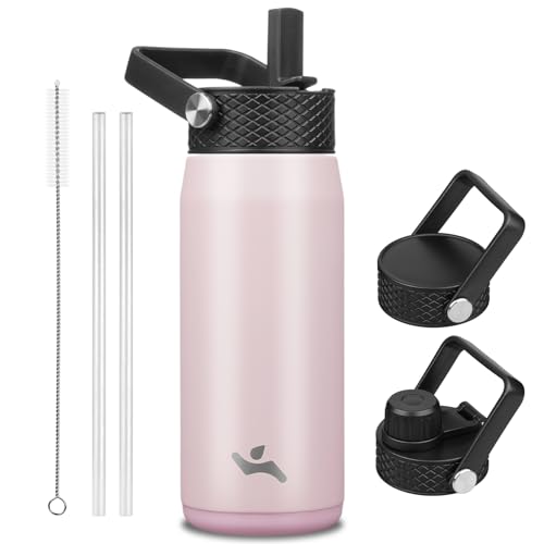 Image of Konokyo 20oz Insulated Stainless Steel Water Bottle with 3 Lids, Leakproof BPA-Free Bottle with Straw Lid, Sip Lid and Flex Cap for Gym, Travel, School, Office, Pink