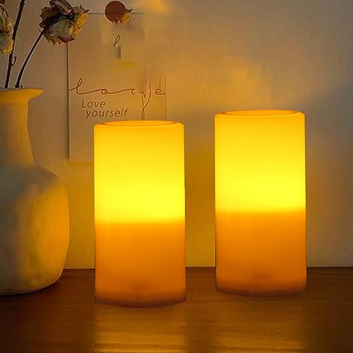 Image of CANDLE CHOICE Outdoor Battery Operated Flameless Candles with Remote Timer Waterproof Flickering Plastic Electric LED Pillar Lights for Lantern Patio Garden Wedding Party Decorations D3 inchxH6 inch 2 Pack