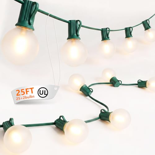Cbebew 25FT G40 LED Frosted Outdoor String Lights, Globe String Lights with 27 Edison Shatterproof Bulbs(2 Spare), Decorative Lights for Bedroom Bistro Café Wedding, Warm White, Green Wire by Cbebew - Used condition - US$19.61