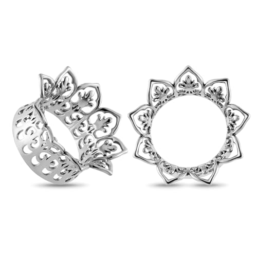 Longbeauty 1 Paar Edelstahl Flesh Ohr Tunnel Plugs Blumen Silber Gold Schwarz Ohr-Piercing Schmuck Ohrdehner, Silber, 10MM