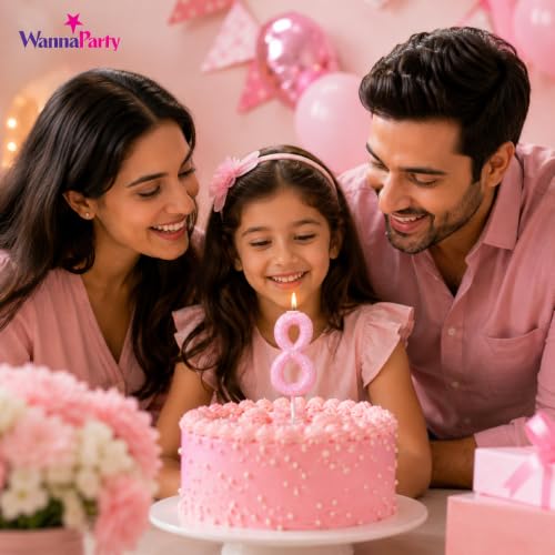 Image of Wanna Party Glitter Designer Pink Number 8 Birthday Candle, Numerical Cake Candle for 8th Birthday, Cake Cutting, Party Decoration & Celebration Supplies - 1PC