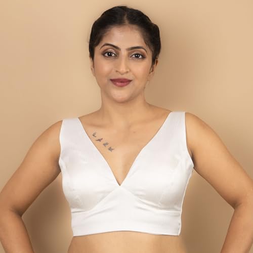 Image of FIGURE'S DESIGNER Women's Dupion Raw Silk Sleeveless V Neck Sabyasachi Cut Readymade Saree Blouse Padded Stitched S4