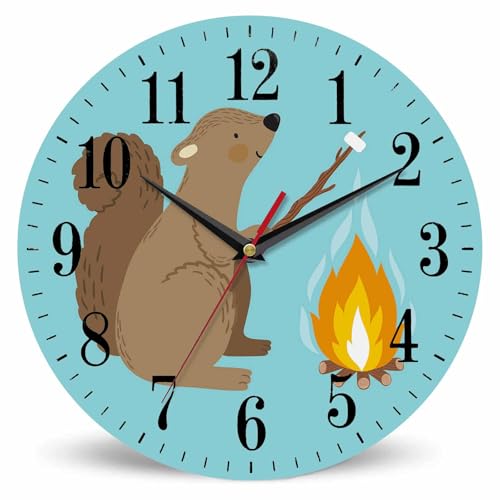 Mxocom Squirrel Wall Clock Cute Smiling Squirrel with Marshmallow Campfire 10 Inch Silent Non