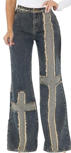CuteCherry Women Flare Jeans Frayed Rivet Y2K Streetwear Denim Pants