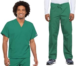 Cherokee Scrub Set for Men and Women from, Traditional Fit V-Neck Top 4777 with Natural Rise Drawstring Cargo Pant 4100