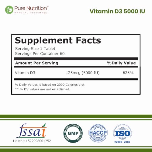 Image of Pure Nutrition Vitamin D3 5000 IU Supplement - 60 Tablets | Vitamin D3 Supplement for Bone & Muscle Health | Supports Calcium Absorption & Immunity