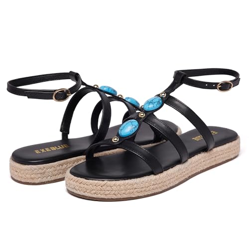 Image of Women's Bohemian Espadrille Platform Sandals,Open Toe Wedge Sandals with Turquoise Decor, Adjustable Ankle Buckle, Summer Beach Shoes