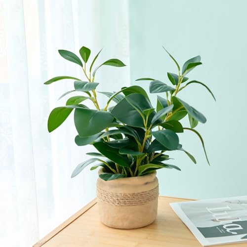 Arbolanta 12.8'' Fake Plant Indoor, Small Artificial Potted Plant in Jute-Wrapped Yellow Planter, Faux Greenery for Desk Shelf Coffee Table Home Office Decor