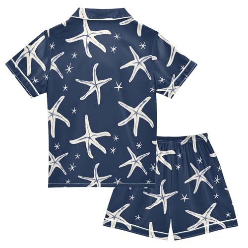 Navy Starfish Print Summer Satin Pajama Set, Cute Button-Down Sleepwear Pj Set for Sleep Wears2