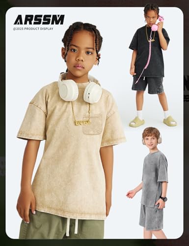 Arssm Boys Girls T-Shirts Cotton Acid Wash Oversized Tees Kids Crewneck Summer Basic Tops3