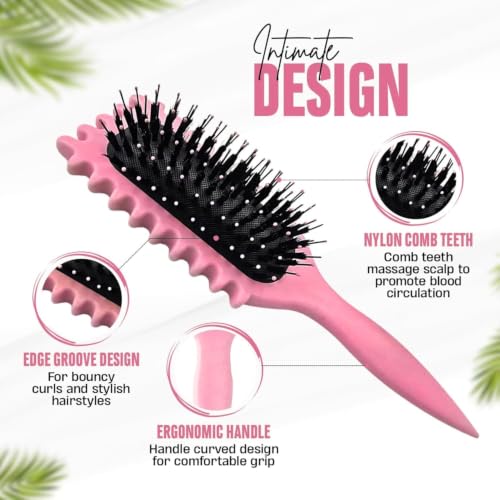 Image of Combelle 5-in-1 Curl Hair Brush | Vegan Boar Bristles | Bio-Based PLA Handle | Detangling, Defining & Frizz Control for Curly & Wavy Hair | For Men & Women - Red (Pack of 2)
