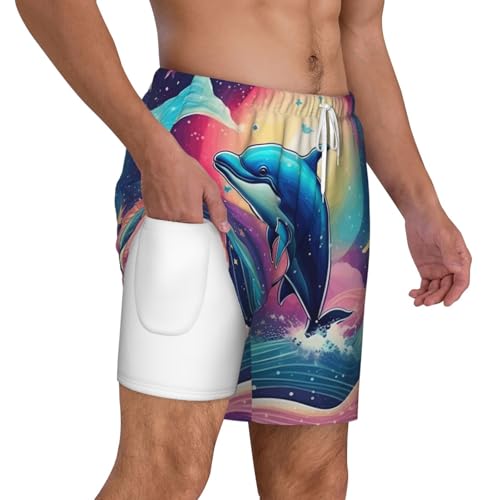 Colorful Starry Sky Ocean Dolphin Men's Soft Double Swim Shorts, Lounge Swiming Shorts Pants Breathable Summer3