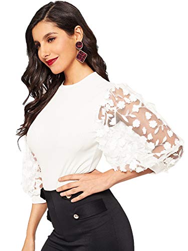 Romwe Women's Summer Short Sleeve Mock Neck Casual Blouse Tops Floral White Xx-Large #TOP7